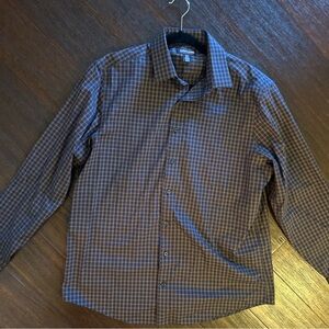Men's Kirkland Signature Navy and Brown Plaid Button Down Dress Shirt, size L